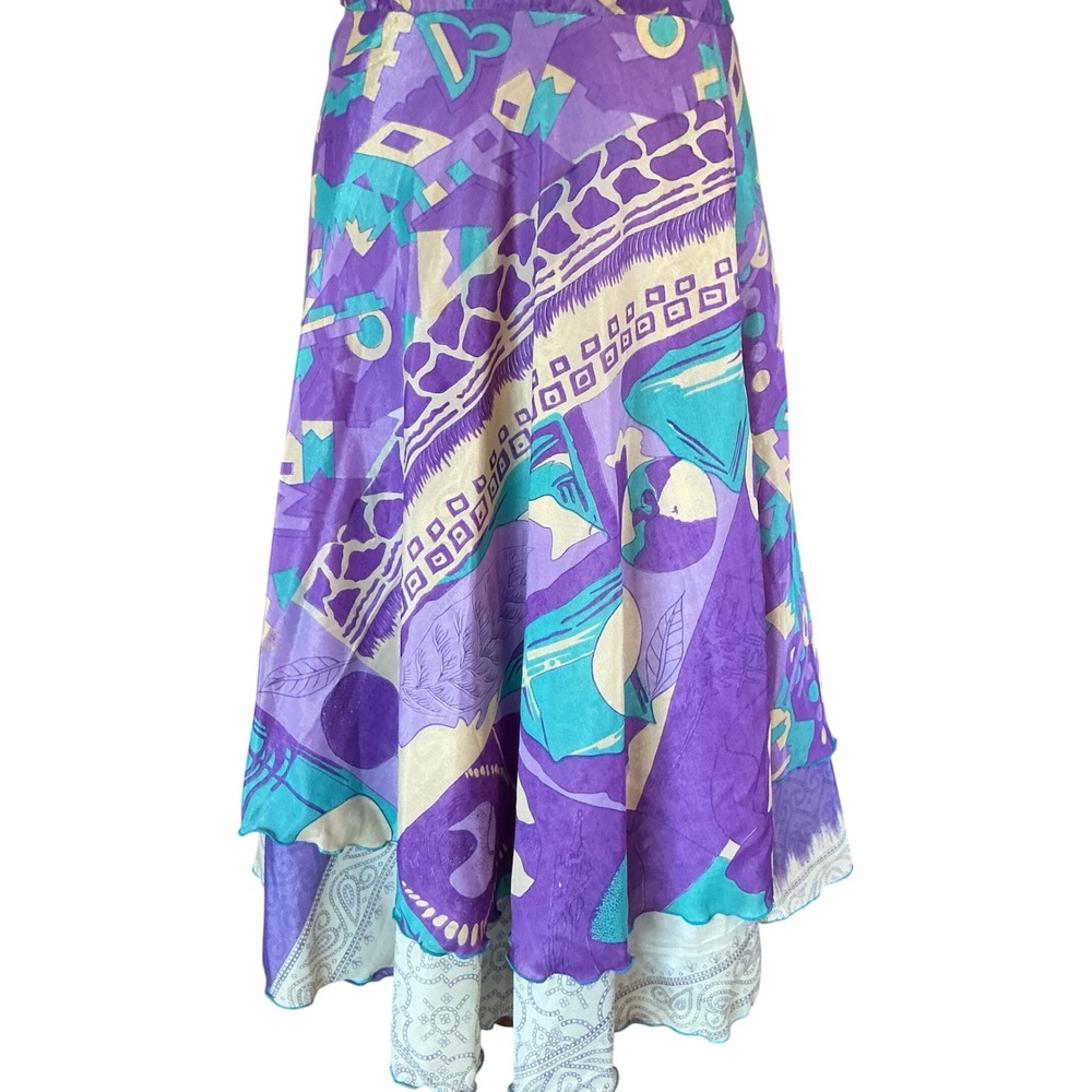 Wevez Wrap Maxi Skirt Wms L Purple Geometric Abstract Layered Silk Blend 90s